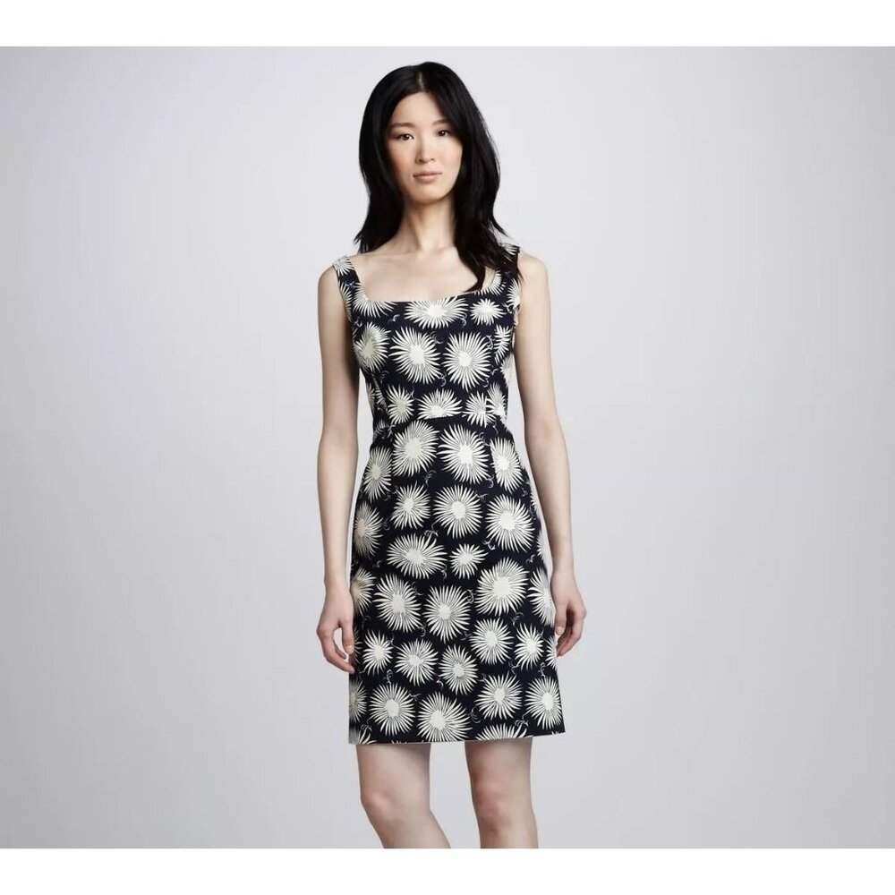 Milly New York 2 Sleeveless Sheath Cotton Dress Floral Print Back Slit SYDIE Nav